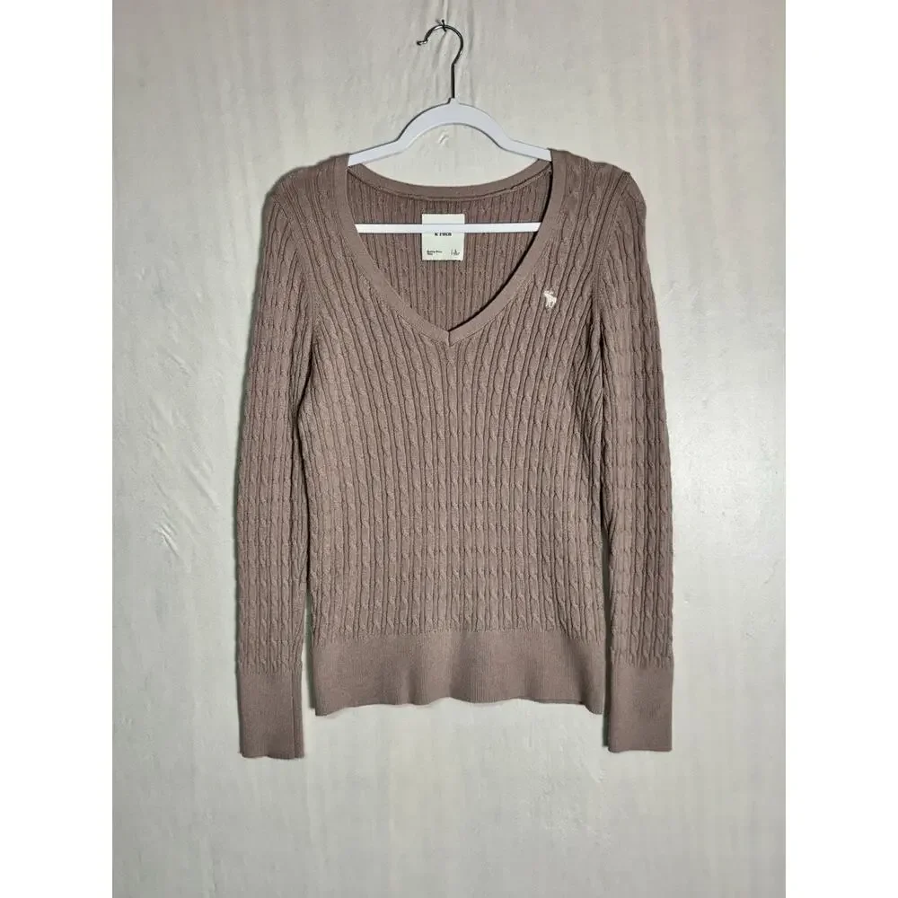 Abercrombie & Fitch Womens Dusty Rose Cable Knit V-Neck Sweater Moose Logo Sz L